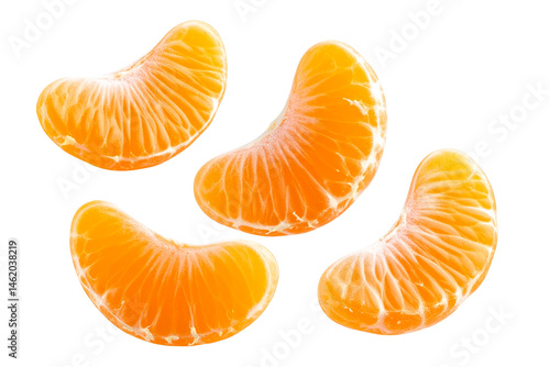   3 Tangerine slices flying, isolated on a transparent background