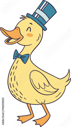 Stylish Cartoon Duck with Blue Bow Tie and Hat – Whimsical and Vibrant Character Illustration for Children's Content