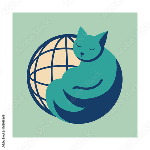 A sleeping cat curled comfortably around the globe in a peaceful flat vector illustration