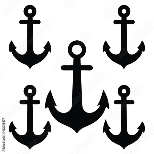 Nautical Anchor Illustrations Set of Five Black Anchors