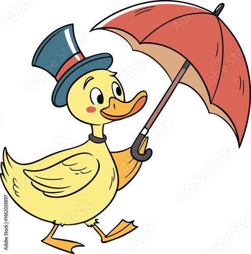 Dapper Cartoon Duck with Umbrella – Charming Illustration of a Stylish Duck Wearing a Top Hat for Kids' Media
