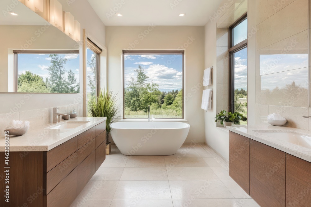 Fototapeta premium A contemporary bathroom with panoramic views, marble vanity, freestanding bathtub, and a large mirror, emphasizing natural light and connection to nature
