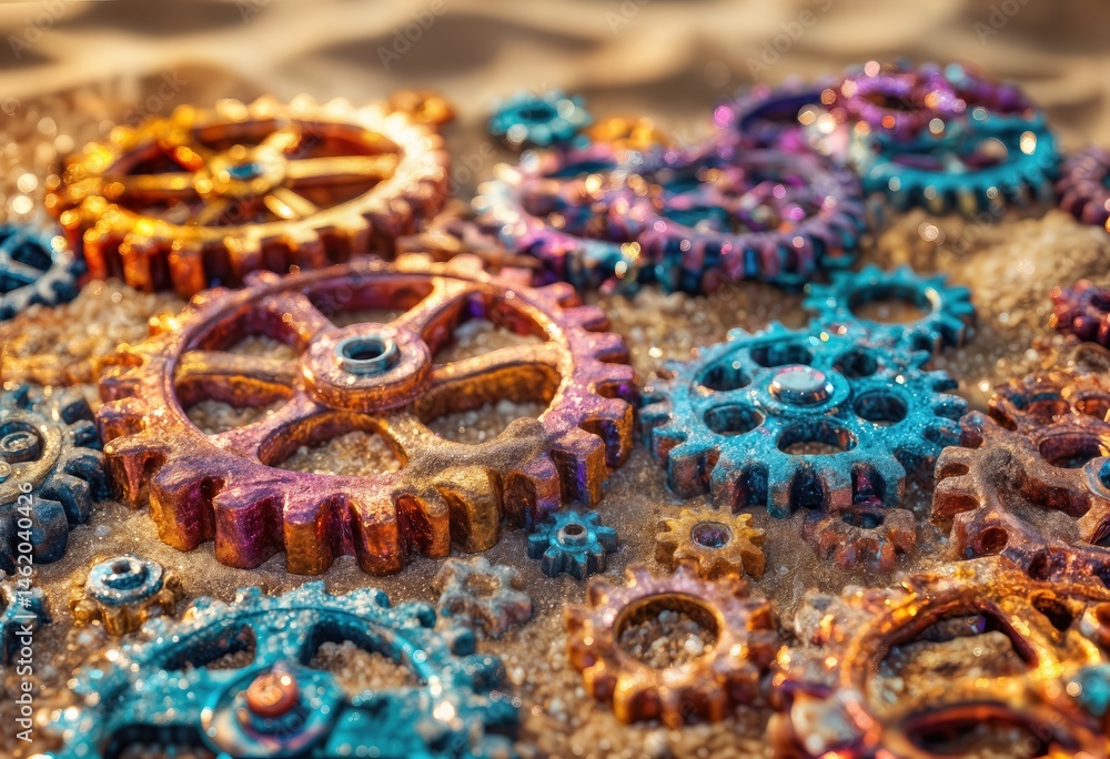 Obraz premium a close-up view of colorful, glitter-covered steampunk gears scattered across a shimmering golden surface.