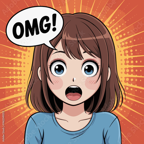 Shocked Anime Girl with Comic Speech Bubble Saying OMG