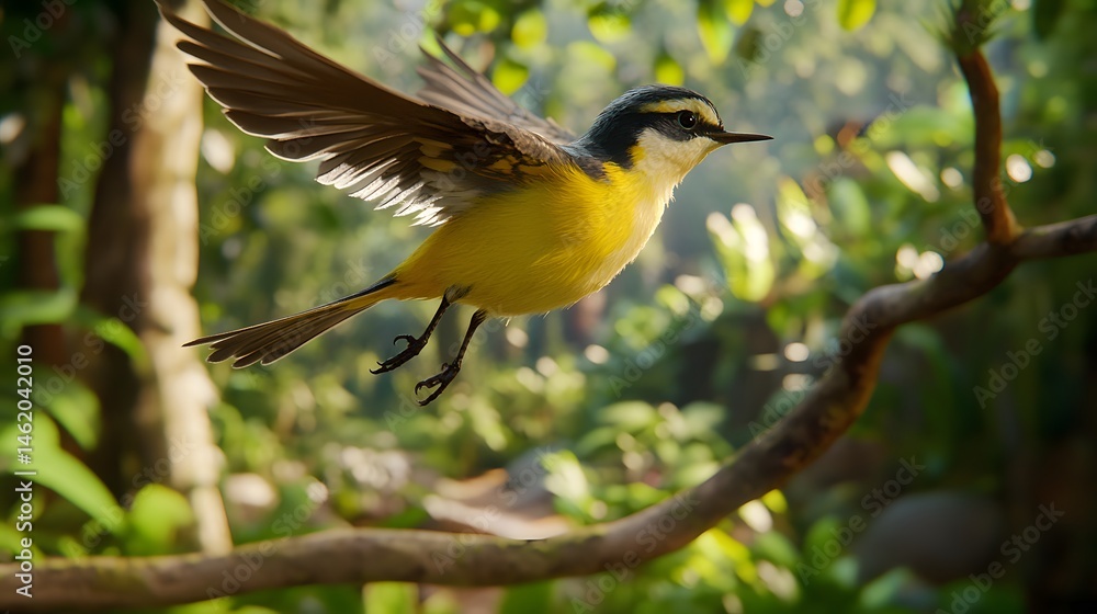 Fototapeta premium A vibrant small bird in flight amidst lush greenery.