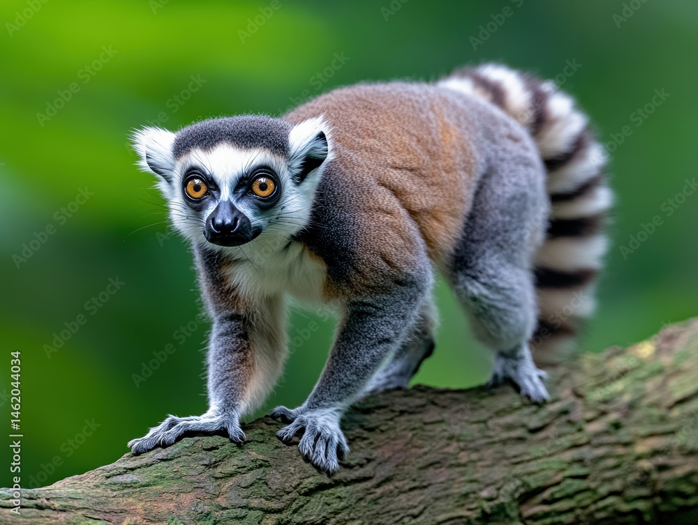 Obraz premium Ring-tailed lemur on branch, intense stare