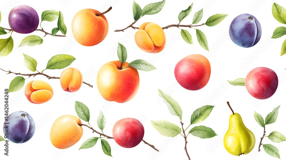 Watercolor illustration of various summer fruits and branches. Watercolor illustration of various summer fruits and branches.