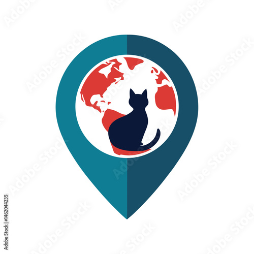 Global pet rescue concept with cat silhouette and location marker icon for worldwide adoption