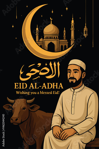 Eid al Adha Greeting Card with Crescent Moon Mosque and Qurbani Cow Illustration