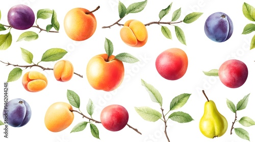 Watercolor illustration of various summer fruits and branches.