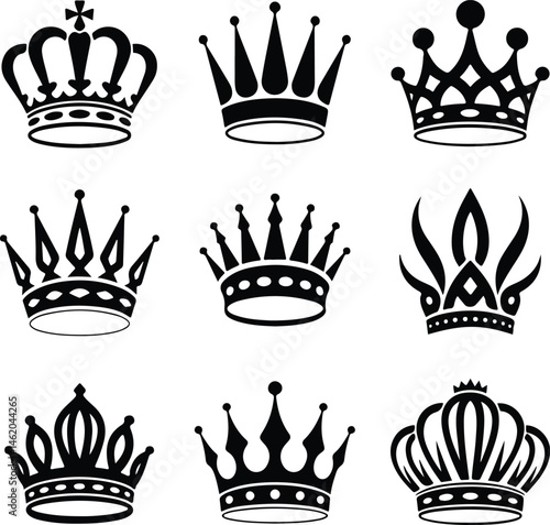 Royal Crown Silhouette Set | King & Queen Vector Icons Elegant Crown Silhouettes | Royalty Emblem Designs
