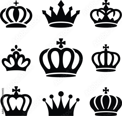 Royal Crown Silhouette Set | King & Queen Vector Icons Elegant Crown Silhouettes | Royalty Emblem Designs
