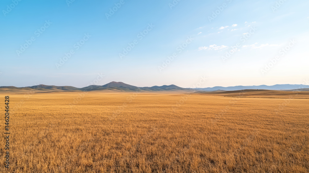 Fototapeta premium Golden grassland landscape with distant mountains under clear blue sky