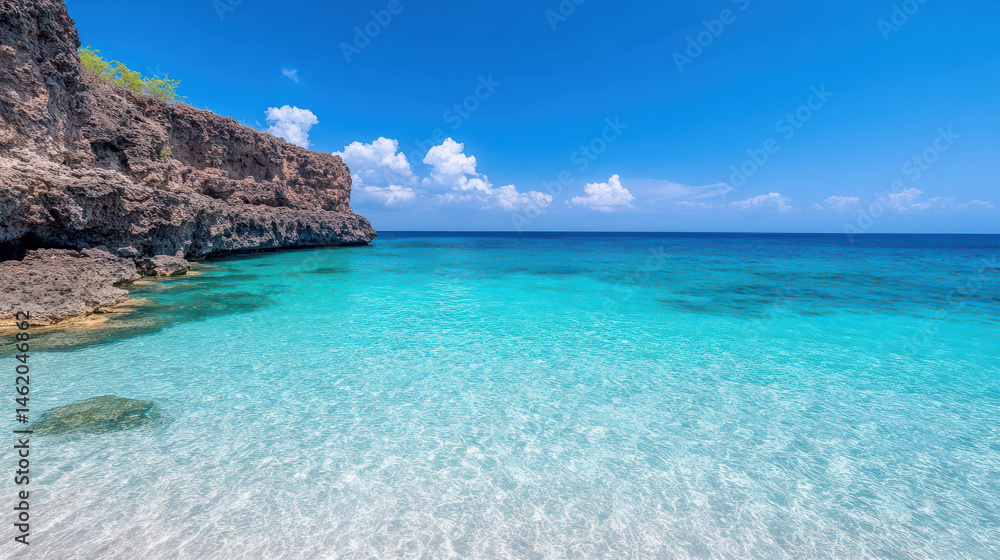 Fototapeta premium Crystal clear turquoise water meets rocky cliffs bright blue sky, creating serene beach scene