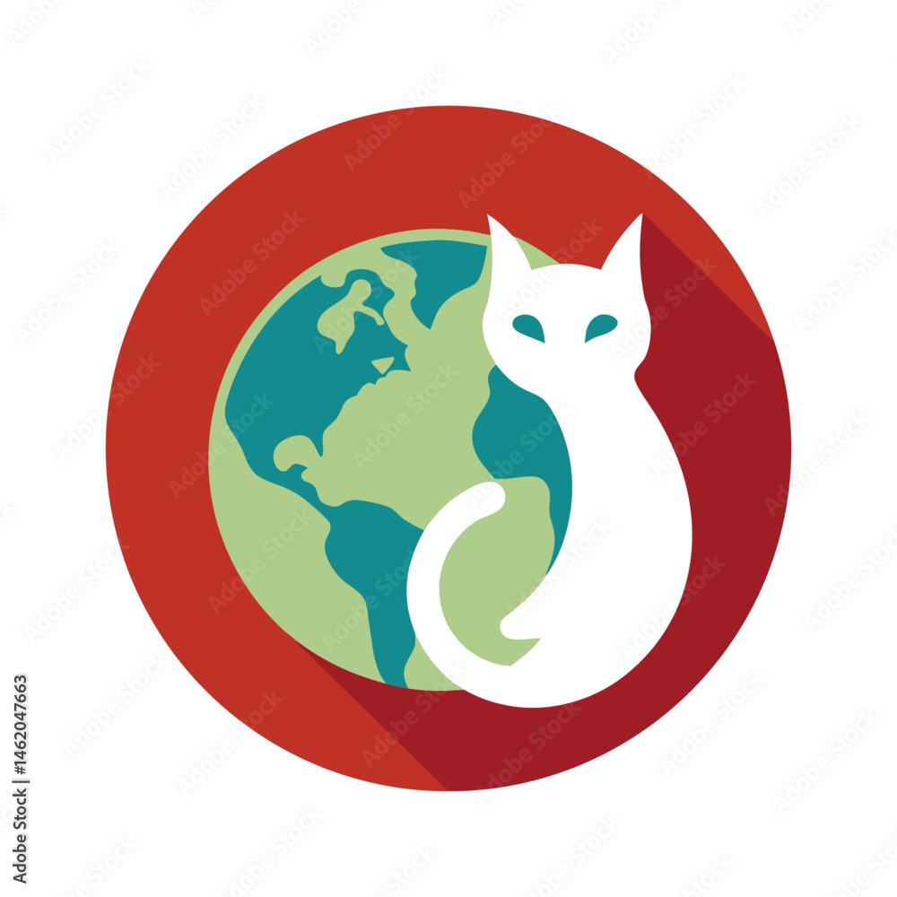A stylized illustration depicting a cat and planet earth encased in a circular red frame A stylized illustration depicting a cat and planet earth encased in a circular red frame