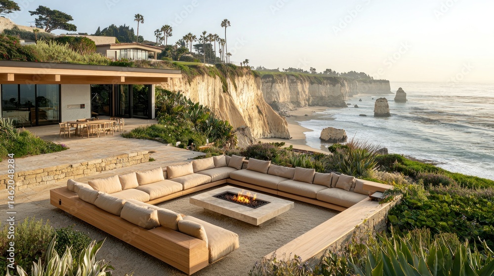 Fototapeta premium Coastal outdoor living area with fire pit