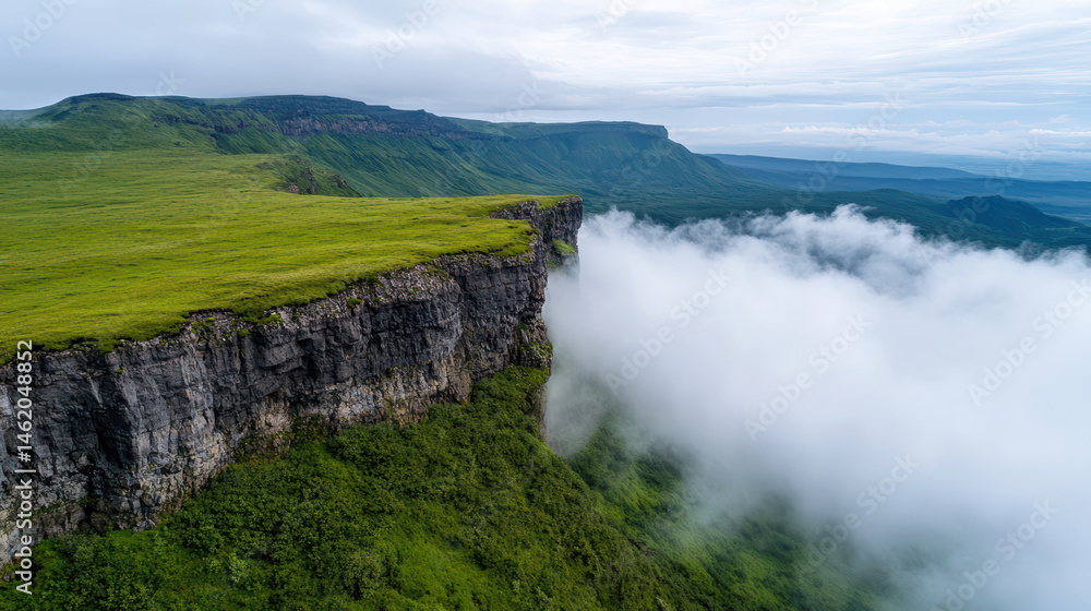 Lush green cliffside landscape with mist rolling over edge, creating serene atmosphere Lush green cliffside landscape with mist rolling over edge, creating serene atmosphere