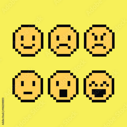 Pixel emotion face icon group in retro 8-bit style on vibrant neon yellow pixel background