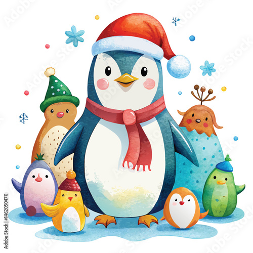 a watercolor penguin in a Santa hat, nestled among other watercolor winter characters on white  background