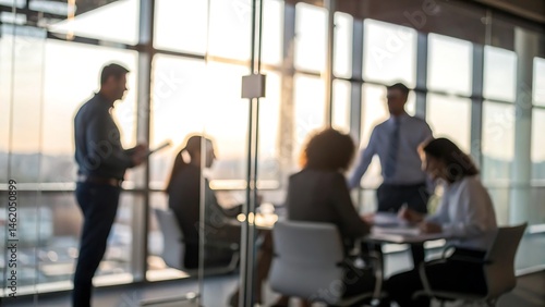 Team collaboration in blurred background office business meeting city view modern workspace