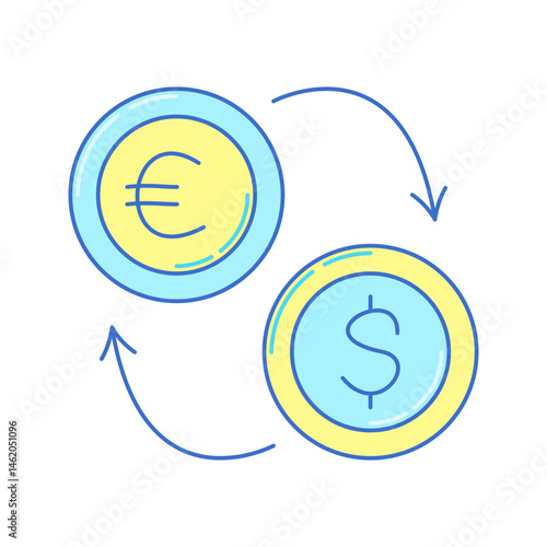 Currency Exchange Doodle style, euro to dollar conversion arrows, represents forex trade or international money exchange.