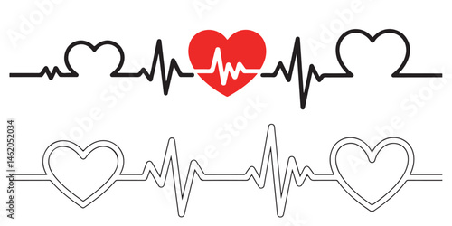 heart bit line set vector silhouettes Heart Rate Monitor Waveforms with Red and Black Hearts, Heart Rate Monitor Waveforms with Heart Icons, Heart Rate Monitor with Different Heart Icons