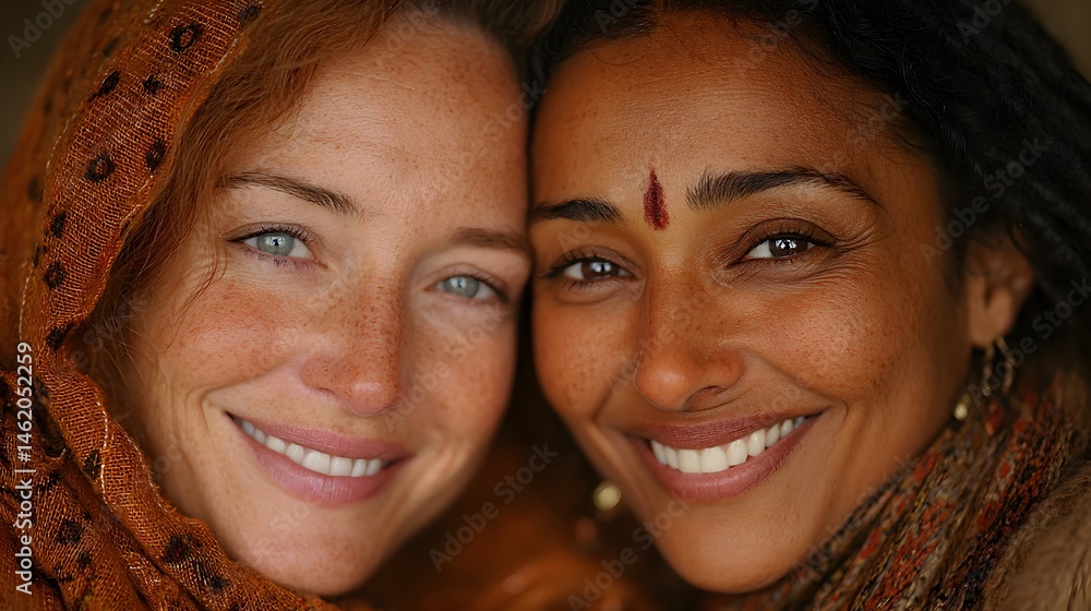 Two smiling women with diverse ethnicities pose closely together for a heartwarming portrait showcasing their friendship and connection. Two smiling women with diverse ethnicities pose closely together for a heartwarming portrait showcasing their friendship and connection.