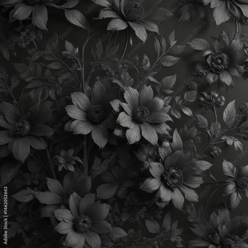 Intricate charcoal floral wallpaper, abstract botanicals , wallpaper, black