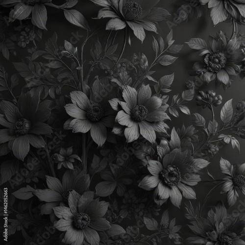 Intricate charcoal floral wallpaper, abstract botanicals  , wallpaper, black