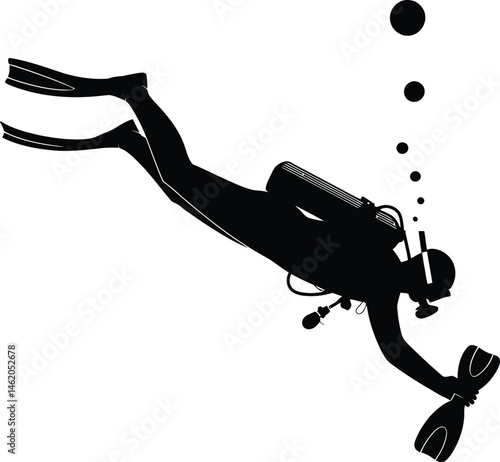 Hand-drawn scuba diver silhouettes vector illustration depicts a scuba diver 