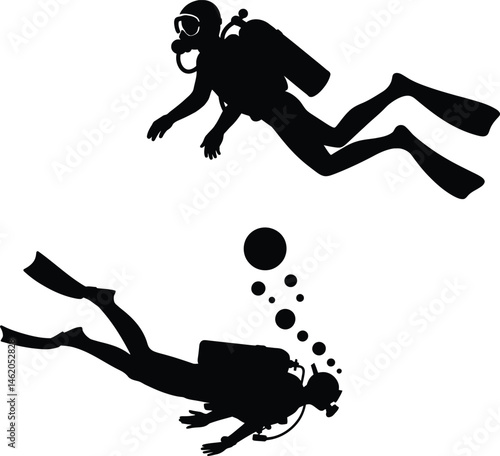 Hand-drawn scuba diver silhouettes vector illustration depicts a scuba diver 