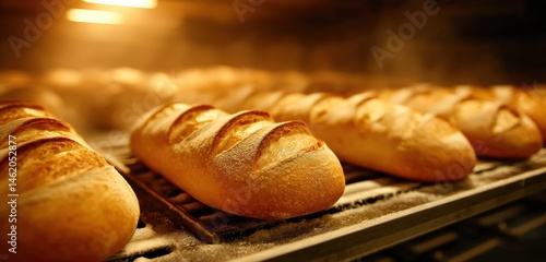 Freshly baked loaves of bread lined up on a rack inside a warm, glowing bakery oven.