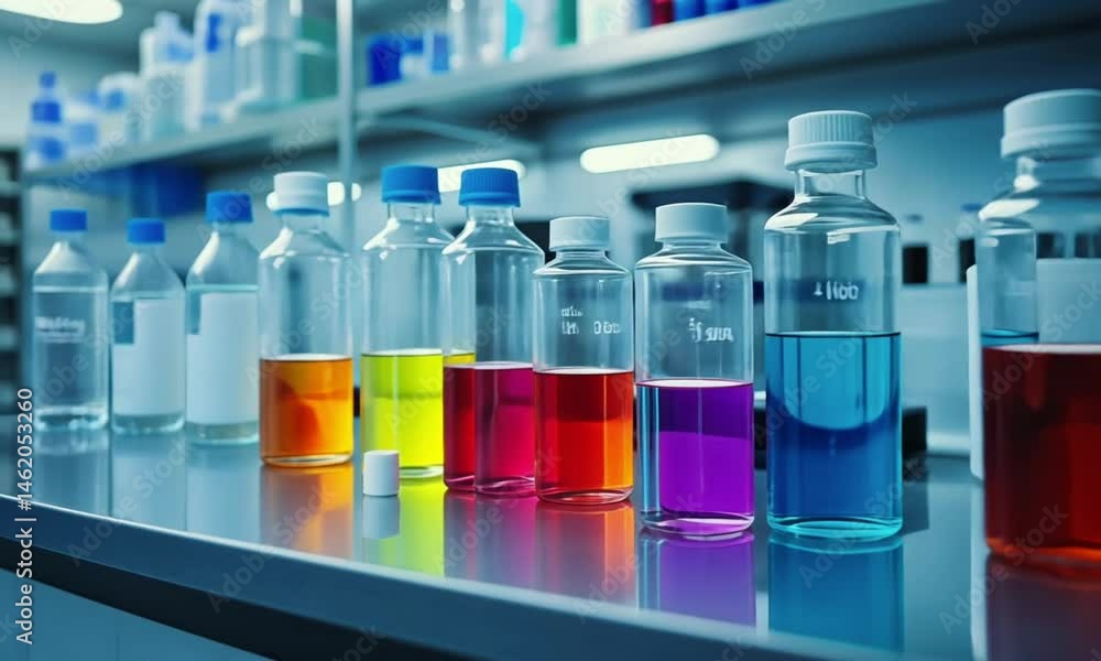 Colorful glass bottles filled with liquids in a modern laboratory setting. Colorful glass bottles filled with liquids in a modern laboratory setting.