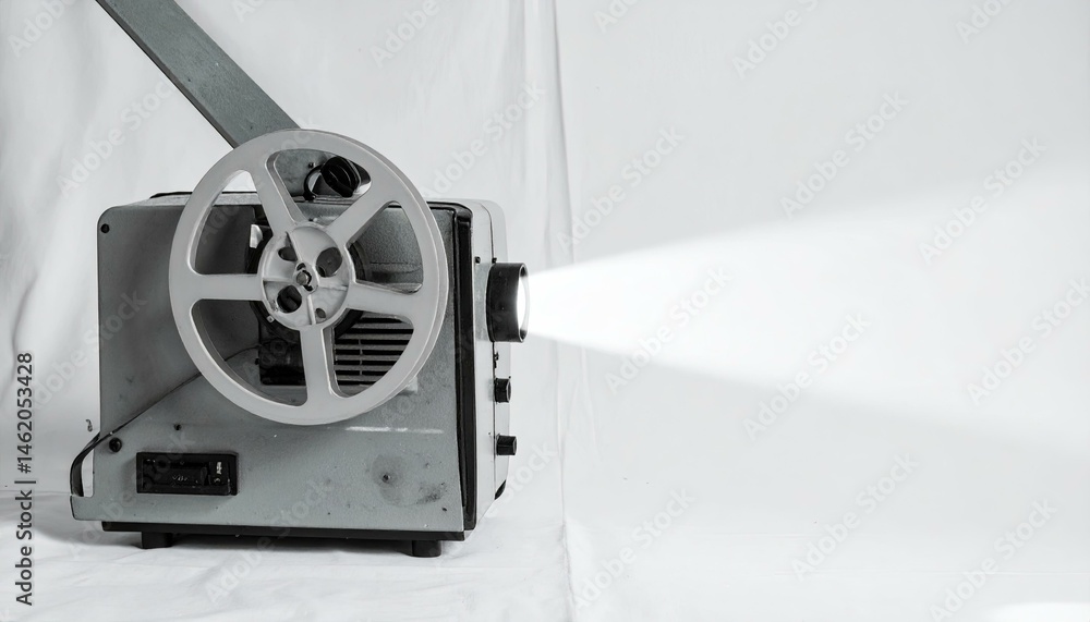 Naklejka premium Vintage film projector casting a beam of light, nostalgic image.