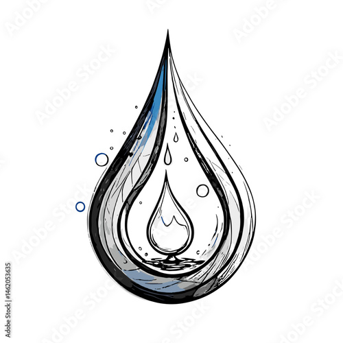 Water drop illustration, elegant style, blue and black colors, artistic design