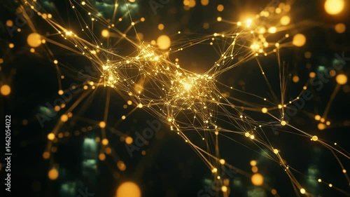 Intricate Golden Network with Glowing Nodes Pulsing in a Dark Technological Space