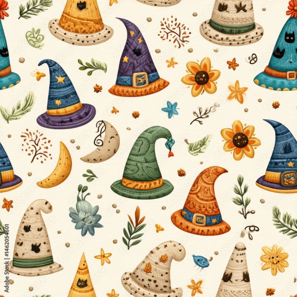 Naklejka premium Whimsical Autumn Witch Hats Seamless Pattern