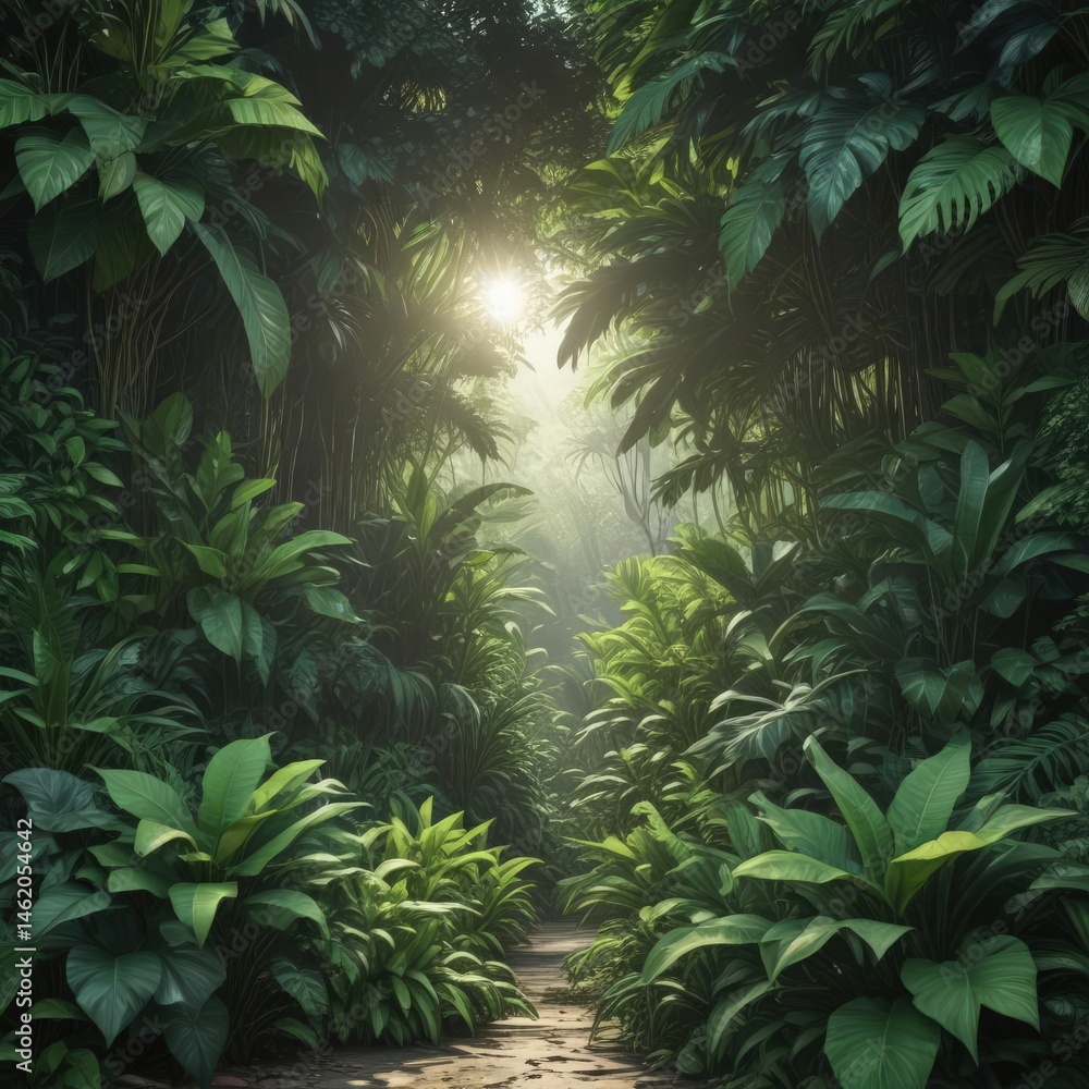 Deep emerald green foliage creates a wall of dense tropical plants, sunlight filtering through , tropical leaves, tropical vegetation