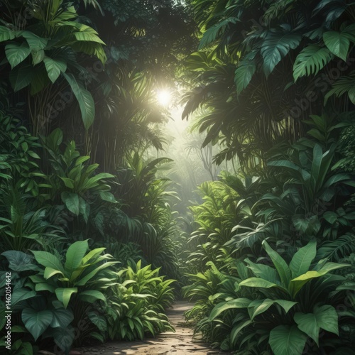 Obraz na płótnie Deep emerald green foliage creates a wall of dense tropical plants, sunlight filtering through , tropical leaves, tropical vegetation w salonie