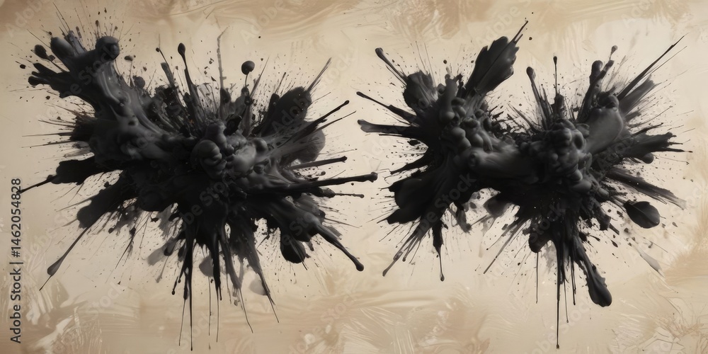 Abstract ink blots with sharp edges on raw canvas, cool, blot, abstract