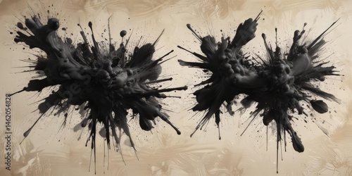 Abstract ink blots with sharp edges on raw canvas, cool, blot, abstract