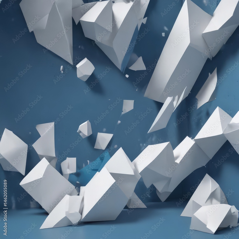 Abstract blue backdrop, layered white geometric shapes , blue, abstract, art