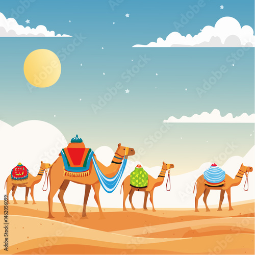 A caravan of camels adorned with colorful fabrics and ornaments, traversing the golden sands of a desert under a clear blue sky, symbolizing the journey of Hajj