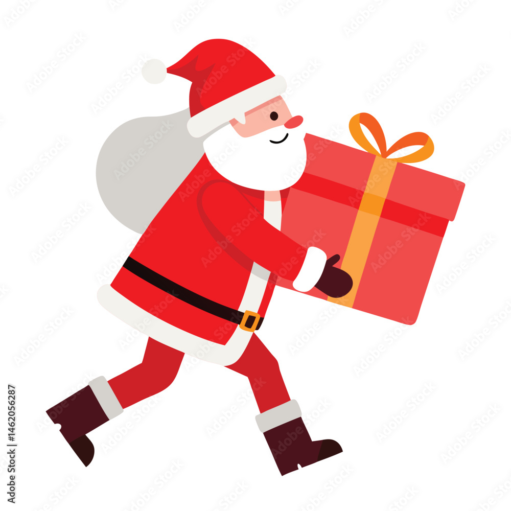 Santa Claus carrying a large red gift with a white bow on his back as he walks on white background Santa Claus carrying a large red gift with a white bow on his back as he walks on white background