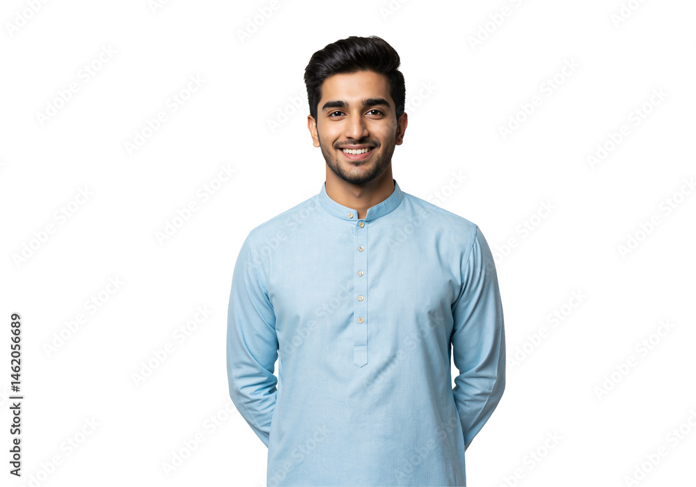 Portrait of a Smiling Young Adult Male Wearing a Light Blue Traditional Shirt Against a Black Background, Showcasing a Friendly Expression and Engaging Personality. Portrait of a Smiling Young Adult Male Wearing a Light Blue Traditional Shirt Against a Black Background, Showcasing a Friendly Expression and Engaging Personality.