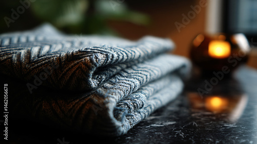 Soft, folded throw blanket with zig zag pattern and calm air color timbre