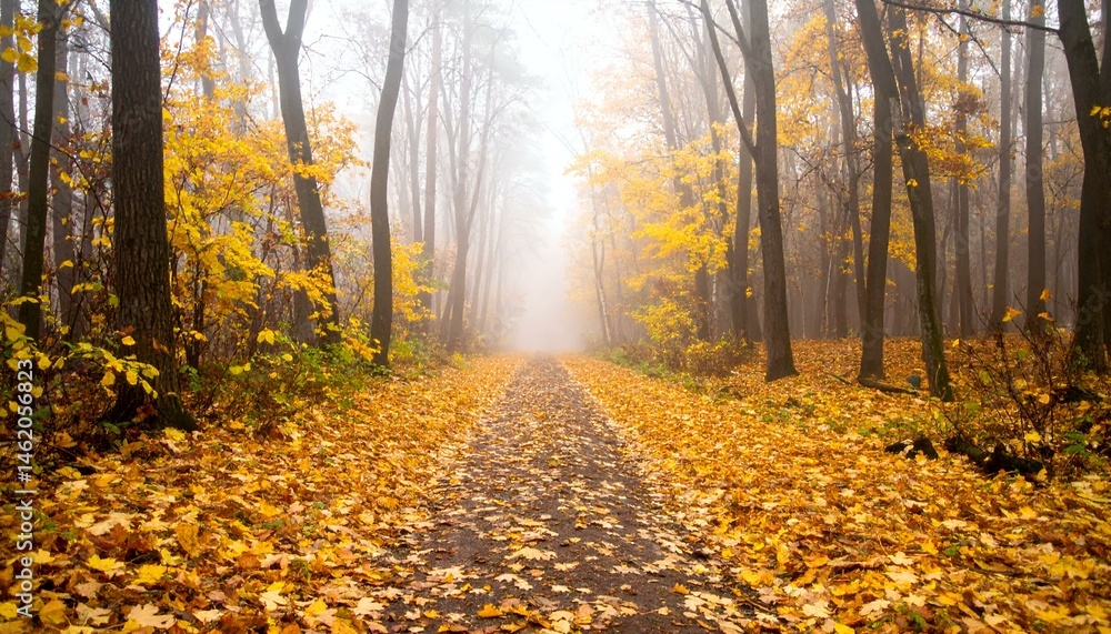 Obraz premium Misty autumn forest path covered in golden leaves. Magical scene.