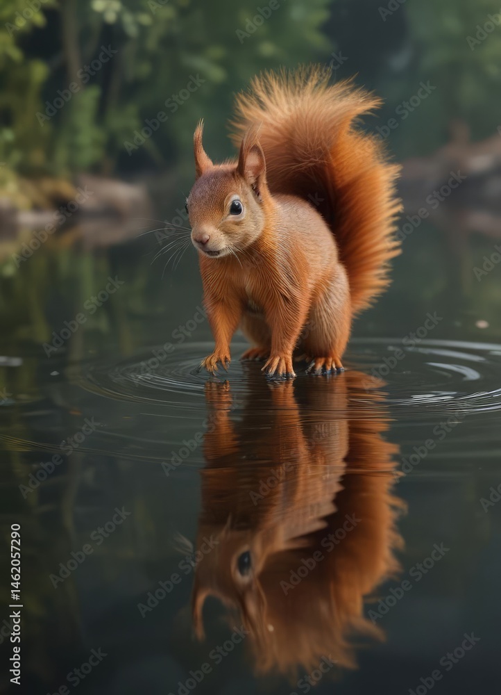 Red squirrel reflected in calm water, vibrant fur, animal, glassy, light