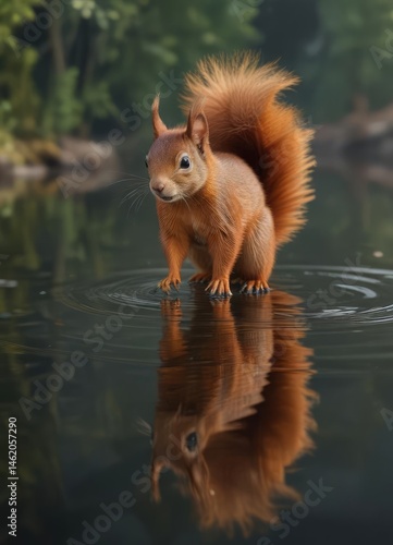 Red squirrel reflected in calm water, vibrant fur,  animal,  glassy,  light