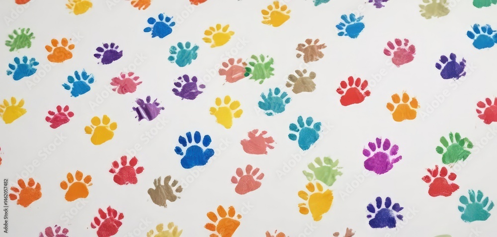 Multicolored playful paw prints on white background , pet, dog paw, vibrant